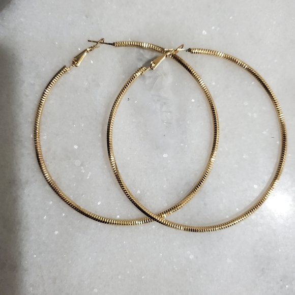 3" Diamond Cut Goldtone Hoop Earrings - Picture 3 of 7